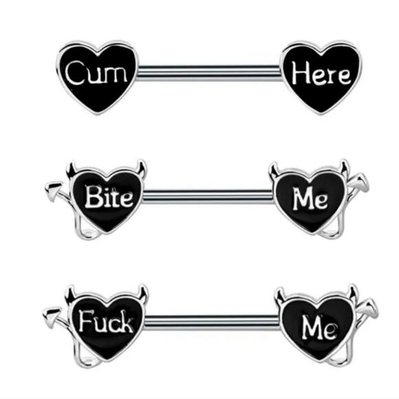Bite Me naughty barbell nipple rings pair 14g stainless steel black silver heart - Picture 4 of 4